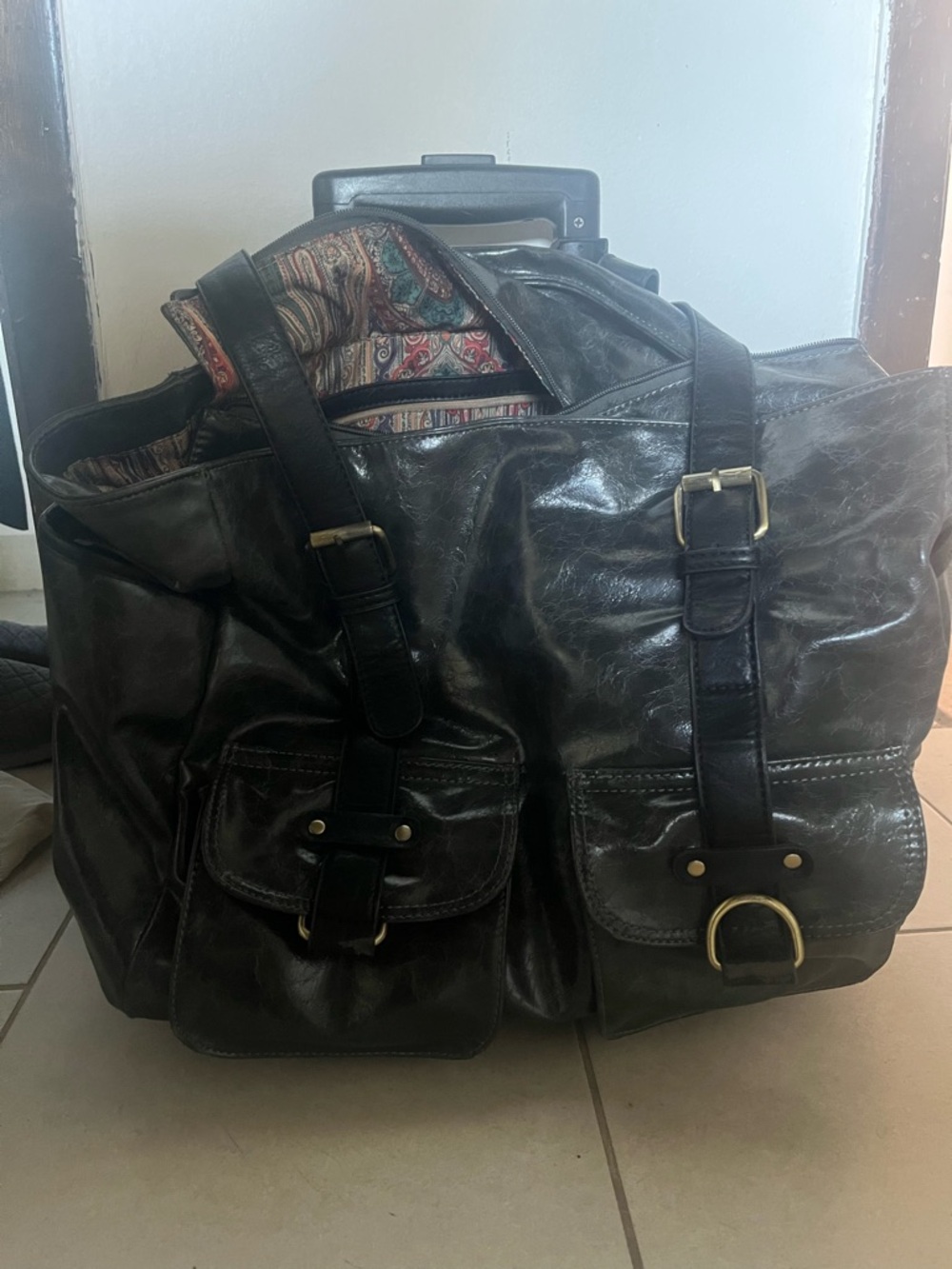 Black Leather Tote Bag with Front Pockets